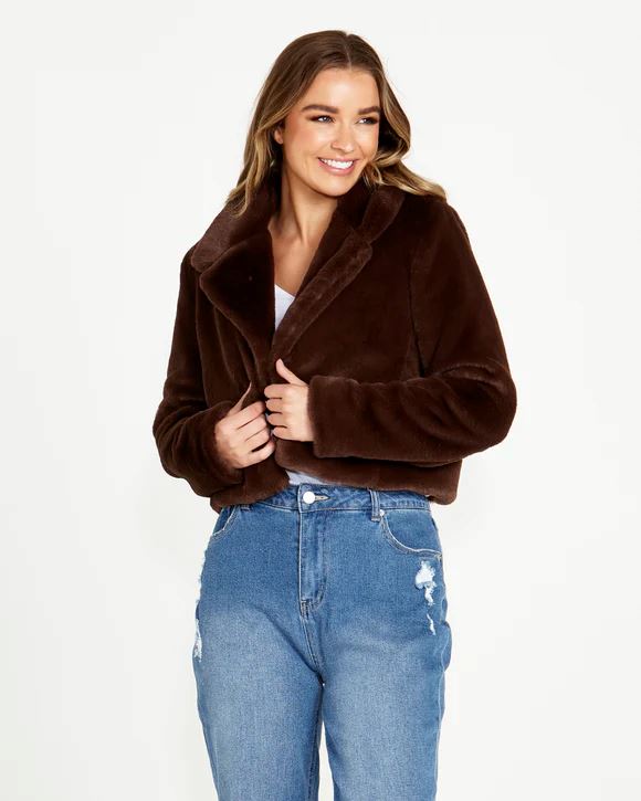 SASS Xanthe Cropped Faux Fur Jacket - Chocolate Brown Winter Jacket - Zabecca Living