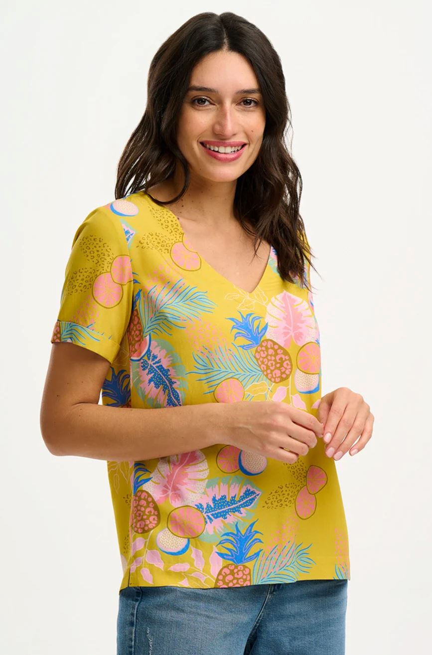 SUGARHILL BRIGHTON Rosalie Top - Yellow, Tropical Fruits Shirts & Blouses - Zabecca Living