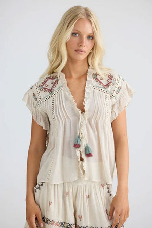 TALISMAN Ithika Tie Top - Light Natural Shirts & Blouses - Zabecca Living
