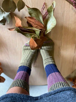 TIGHTOLOGY Chunky Rib Merino Wool Socks - Khaki Stripe Socks - Zabecca Living