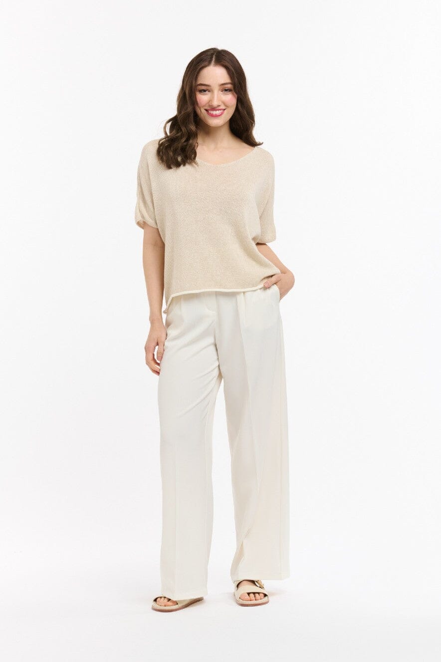 URBAN LUXURY Back Stripe Short Sleeve Sweater - Beige White Jumpers + Knitwear - Zabecca Living