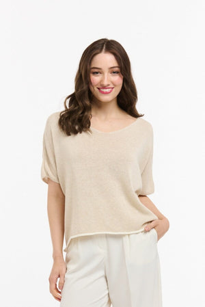 URBAN LUXURY Back Stripe Short Sleeve Sweater - Beige White Jumpers + Knitwear - Zabecca Living