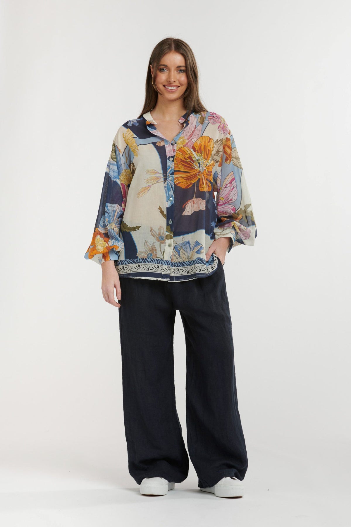 URBAN LUXURY Big Flowers Shirt - Cream and Blue Shirts & Blouses - Zabecca Living