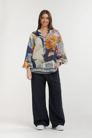 URBAN LUXURY Big Flowers Shirt - Cream and Blue Shirts & Blouses - Zabecca Living