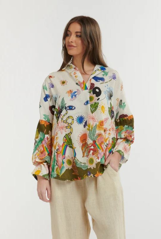 URBAN LUXURY Linen Printed Shirt - Cream Shirts & Blouses - Zabecca Living