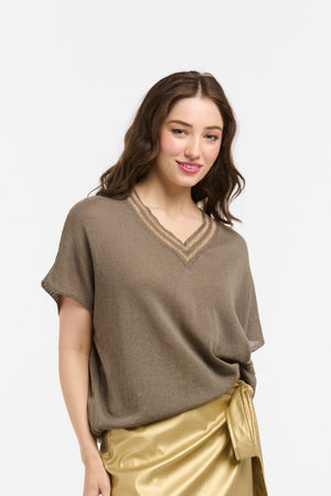 URBAN LUXURY Lurex Trim Knit Top - Mud Gold Tee - Zabecca Living
