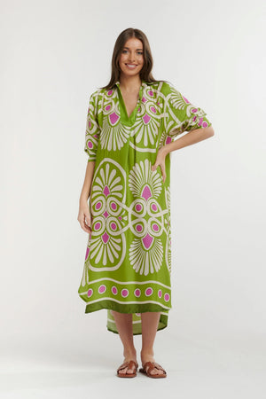 URBAN LUXURY Printed Viscose Dress - Lime and Cream Dress - Zabecca Living