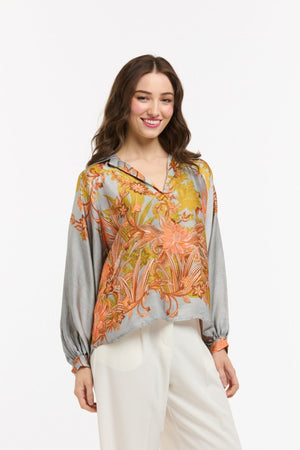 URBAN LUXURY Viscose Flower Shirt - Blue Orange Shirts & Blouses - Zabecca Living
