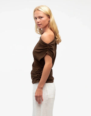 WHITE CLOSET One Shoulder Tee - Chocolate Tee - Zabecca Living