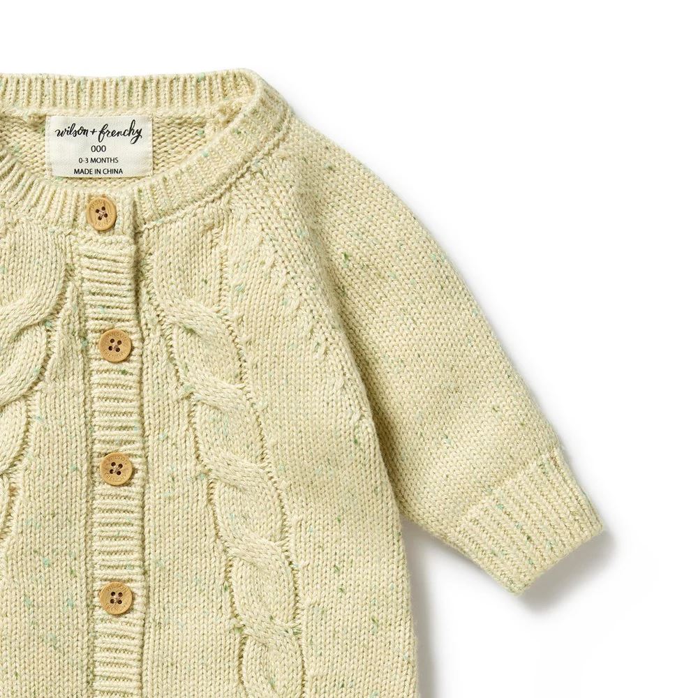 WILSON & FRENCHY Fleck Knitted Cable Growsuit - Cactus Fleck BABY CLOTHING - Zabecca Living