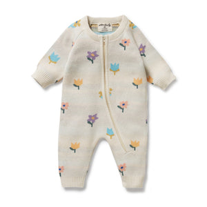 WILSON & FRENCHY Organic Knitted Jacquard Growsuit - Flower Pop BABY CLOTHING - Zabecca Living