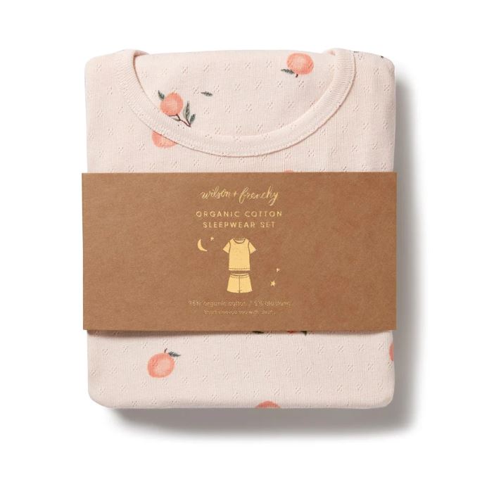 WILSON & FRENCHY Organic Pointelle Short Sleeve Pyjamas - Peaches Kids Pyjamas - Zabecca Living