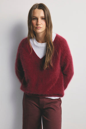 WORLD OF NOMADS Olivia V-Neck Knit - Cerise Jumpers + Knitwear - Zabecca Living