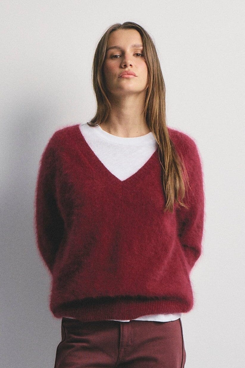 WORLD OF NOMADS Olivia V-Neck Knit - Cerise Jumpers + Knitwear - Zabecca Living