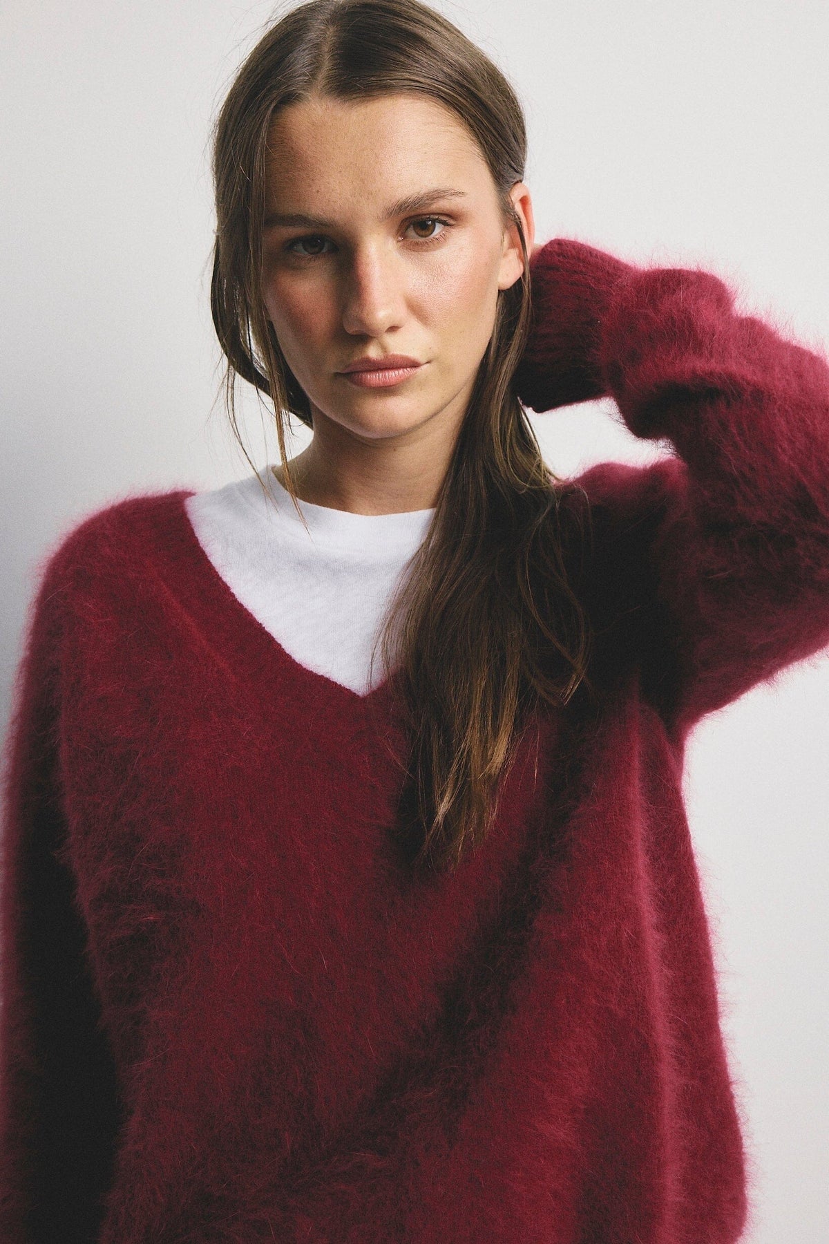 WORLD OF NOMADS Olivia V-Neck Knit - Cerise Jumpers + Knitwear - Zabecca Living