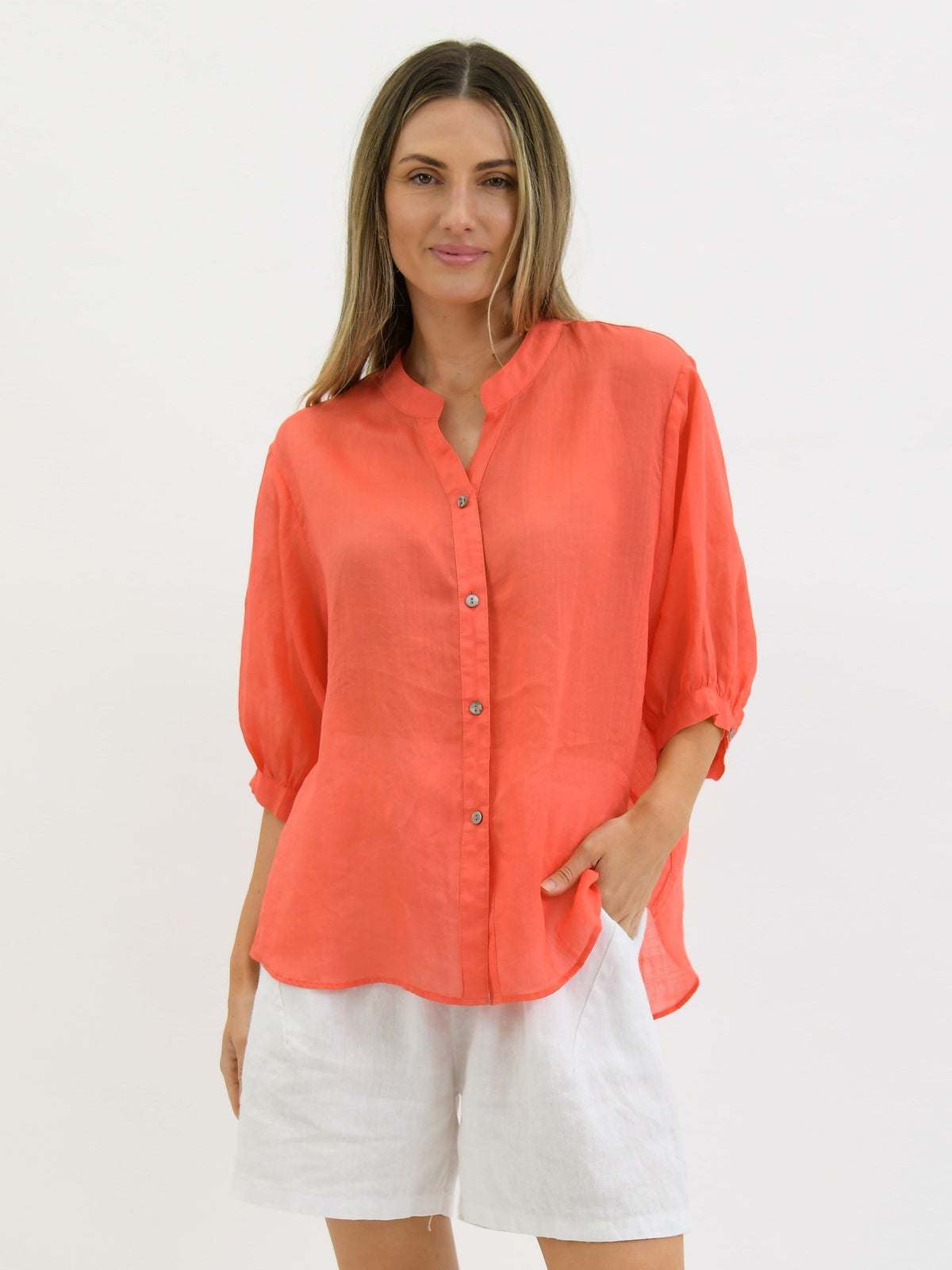 WORTHIER THE LABEL Button Back Linen Shirt - Coral Shirts & Blouses - Zabecca Living