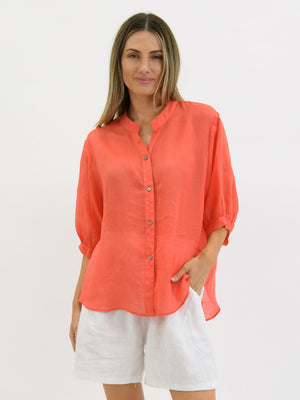 WORTHIER THE LABEL Button Back Linen Shirt - Coral Shirts & Blouses - Zabecca Living