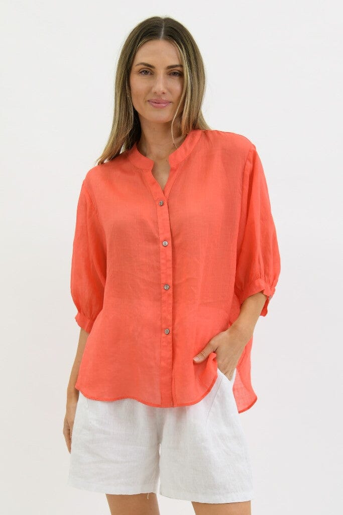 WORTHIER THE LABEL Button Back Linen Shirt - Coral Shirts & Blouses - Zabecca Living