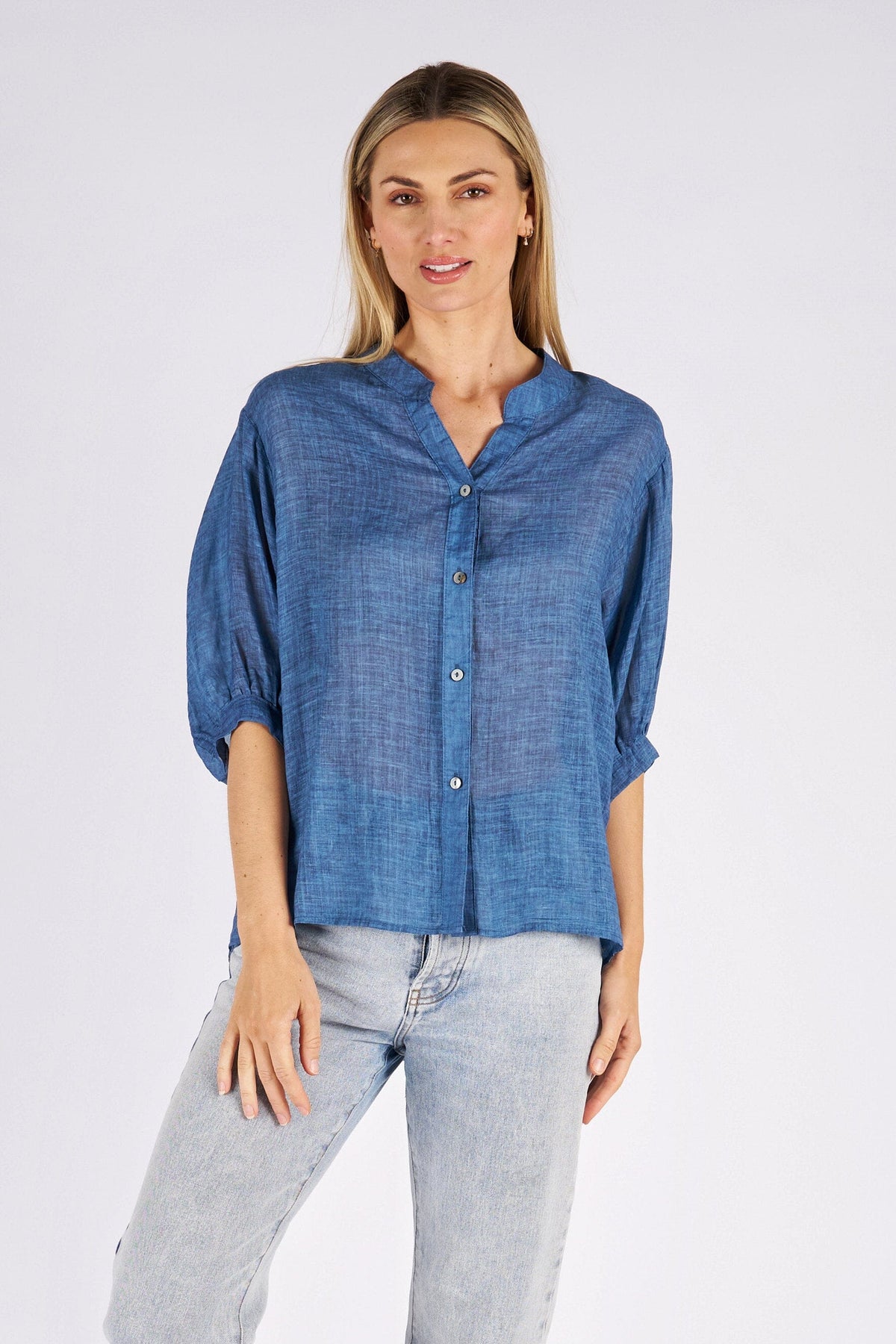 WORTHIER THE LABEL Button Back Linen Shirt - Denim Shirts & Blouses - Zabecca Living