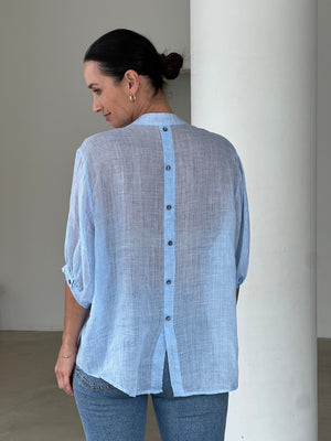WORTHIER THE LABEL Button Back Linen Shirt - Ice Blue Shirts & Blouses - Zabecca Living
