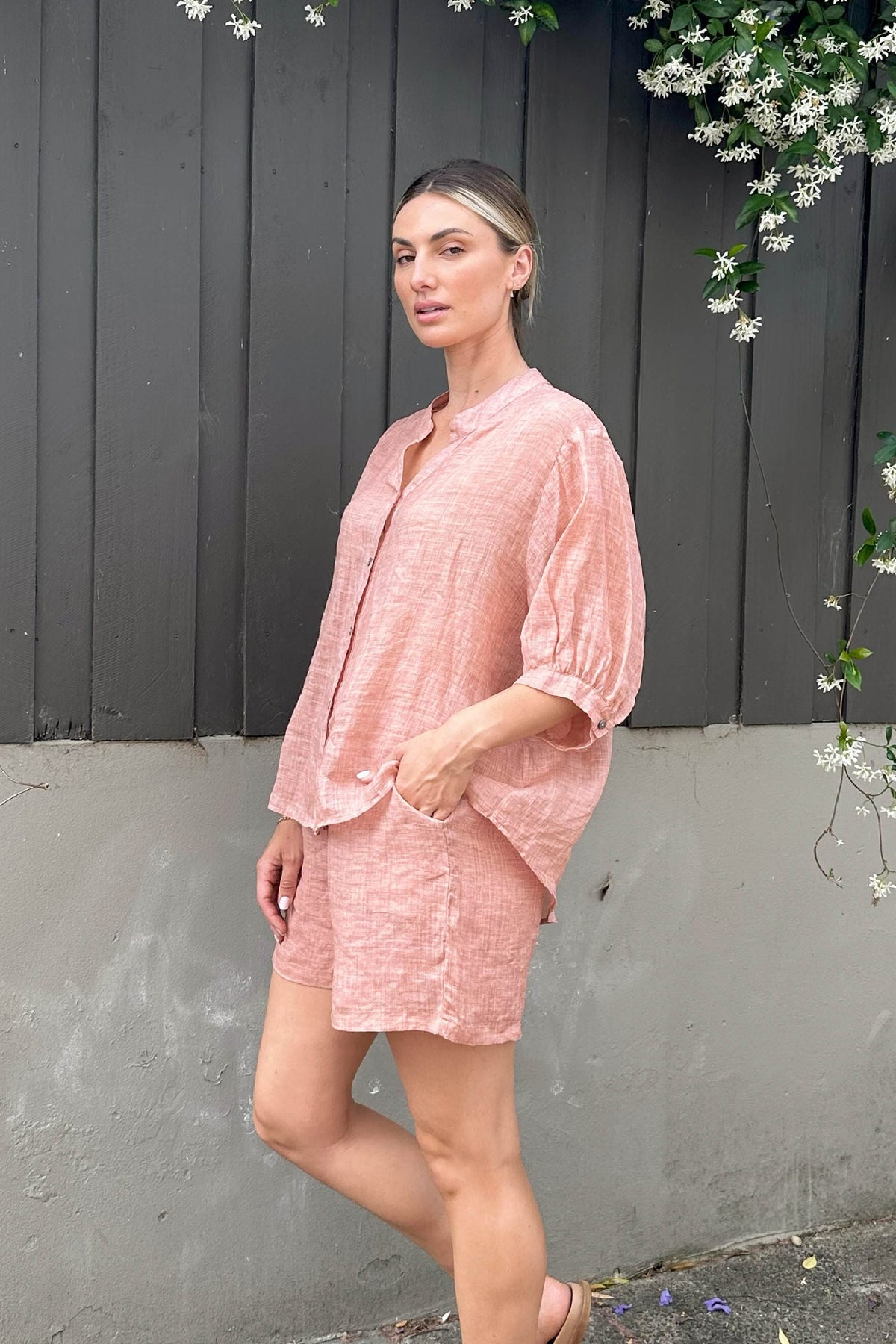 WORTHIER THE LABEL Button Back Linen Shirt - Rose Gold Shirts & Blouses - Zabecca Living