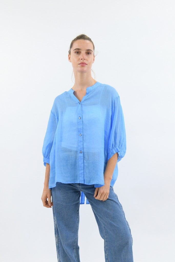 WORTHIER THE LABEL Button Back Linen Shirt - Sky Blue Shirts & Blouses - Zabecca Living