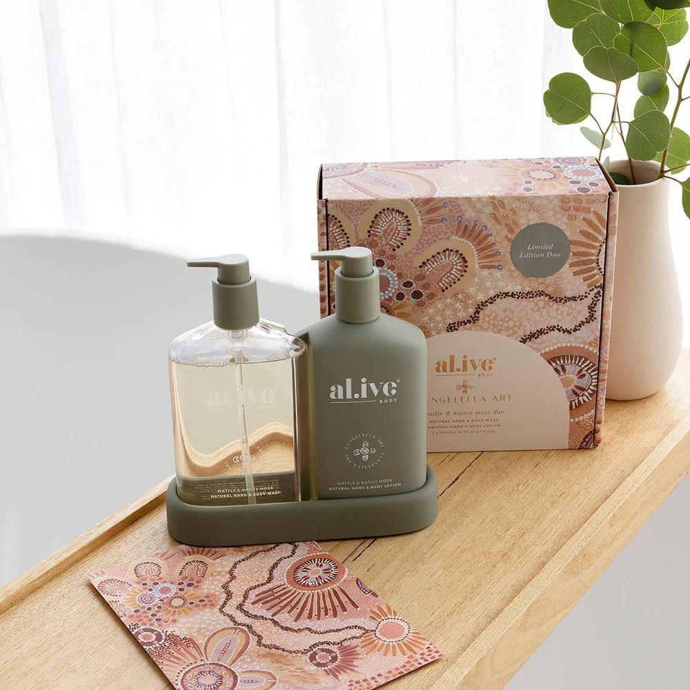 AL.IVE BODY Cungelella Art Wash and Lotion Duo + Tray - Wattle & Native Moss HAND AND BODY WASH - Zabecca Living