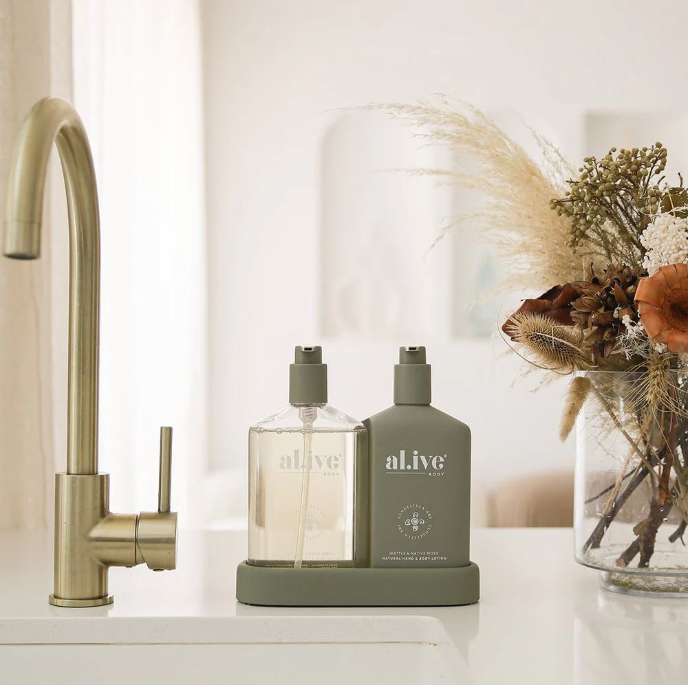 AL.IVE BODY Cungelella Art Wash and Lotion Duo + Tray - Wattle & Native Moss HAND AND BODY WASH - Zabecca Living