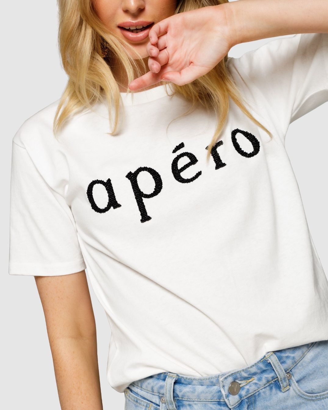 APERO Beaded Tee - Off White/Black Beads Tees - Zabecca Living