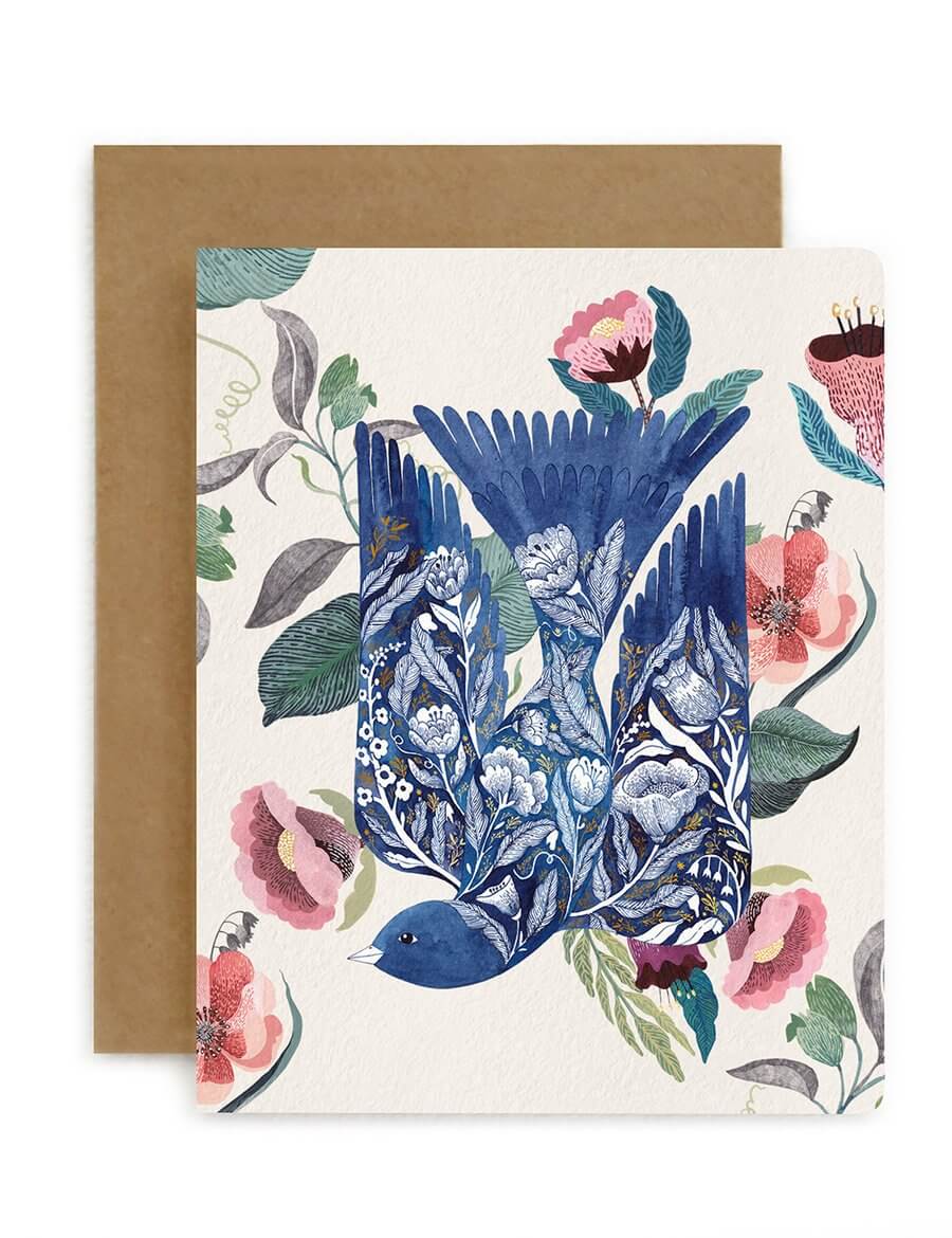 BESPOKE LETTERPRESS - Blomstra Blue Bird Blank Card - Zabecca Living