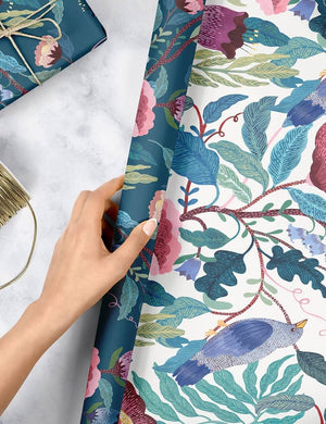 BESPOKE LETTERPRESS Double Sided Gift Wrap - Bird Twig - Indigo Floral Gift Wrap - Zabecca Living