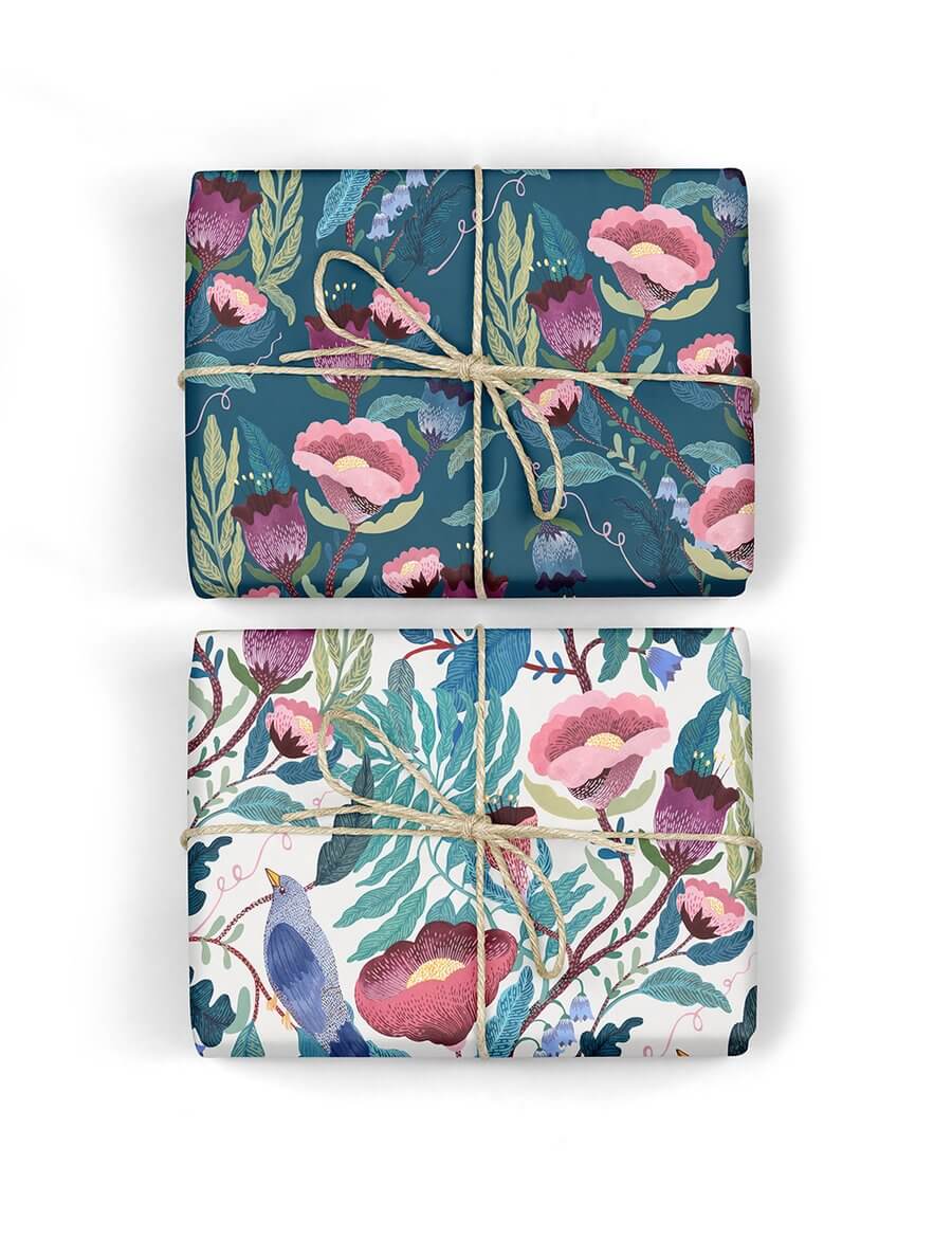 BESPOKE LETTERPRESS Double Sided Gift Wrap - Bird Twig - Indigo Floral Gift Wrap - Zabecca Living