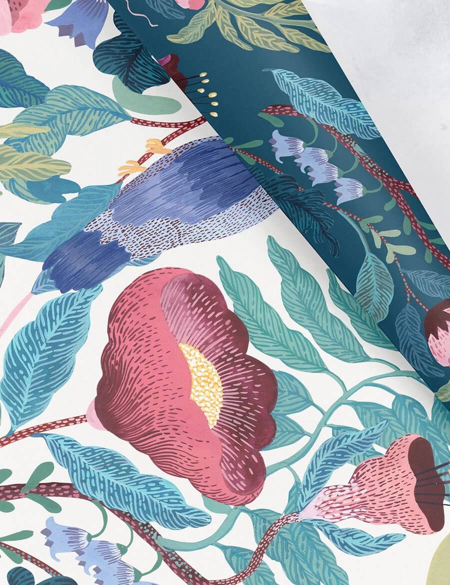BESPOKE LETTERPRESS Double Sided Gift Wrap - Bird Twig - Indigo Floral Gift Wrap - Zabecca Living