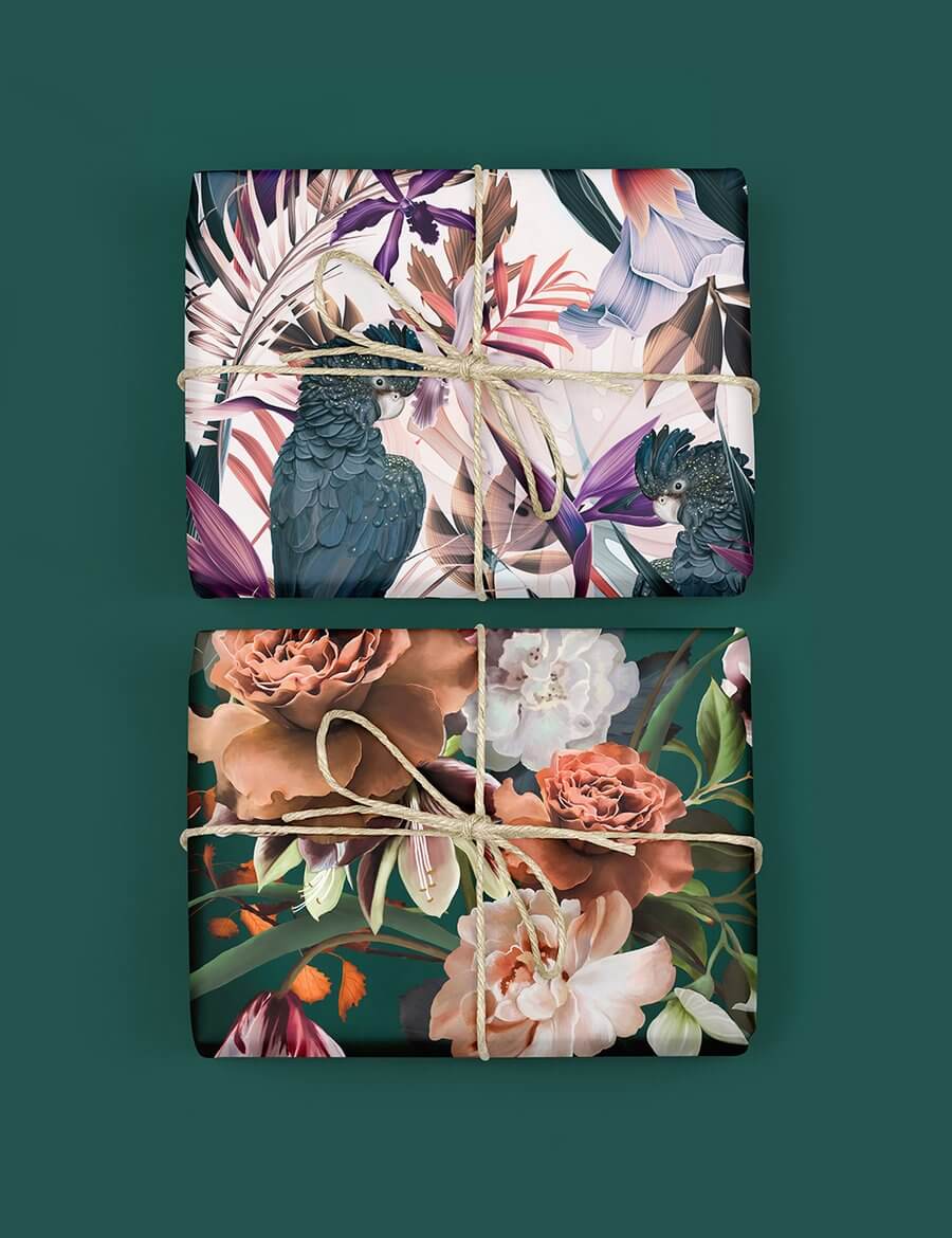 BESPOKE LETTERPRESS Double Sided Gift Wrap - Black Cockatoo - Autumn Roses Gift Wrap - Zabecca Living