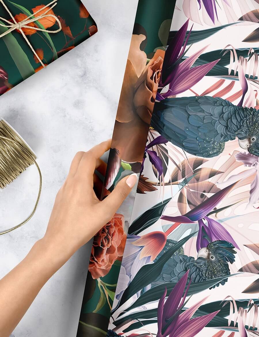 BESPOKE LETTERPRESS Double Sided Gift Wrap - Black Cockatoo - Autumn Roses Gift Wrap - Zabecca Living