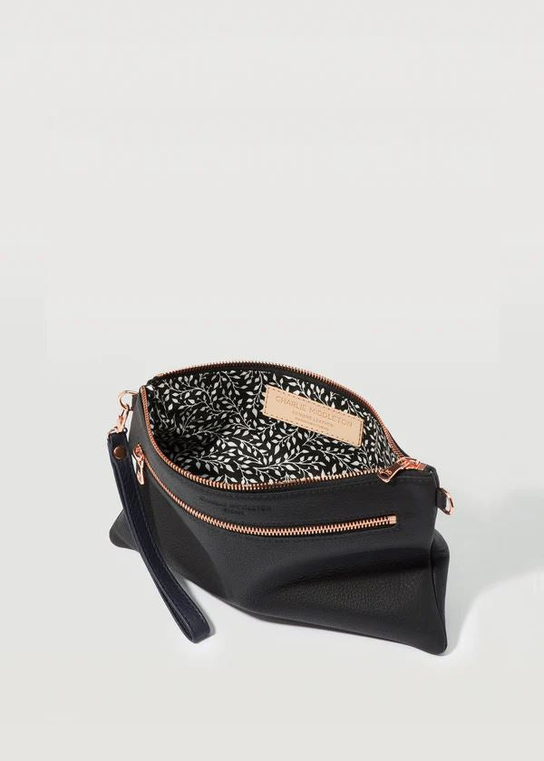 CHARLIE MIDDLETON Black Nappa Dual Zip Crossbody - Silver HANDBAG - Zabecca Living