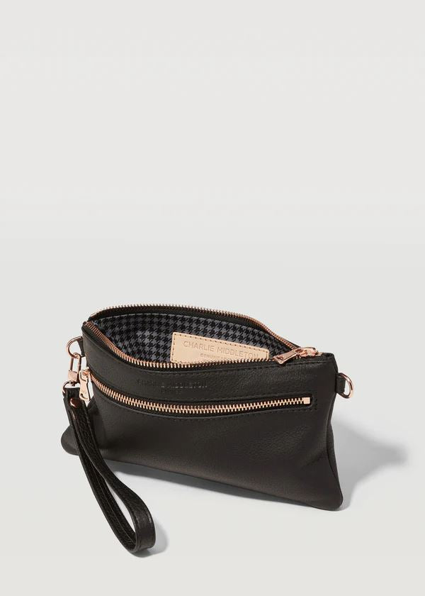 CHARLIE MIDDLETON Black Nappa Mini Dual Zip Crossbody - Gold HANDBAG - Zabecca Living