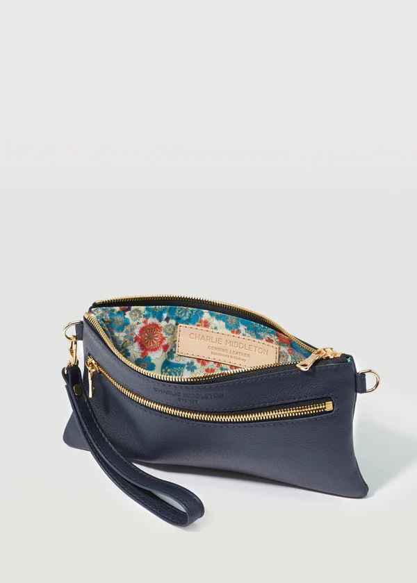 CHARLIE MIDDLETON Navy Nappa Mini Dual Zip Crossbody - Gold HANDBAG - Zabecca Living