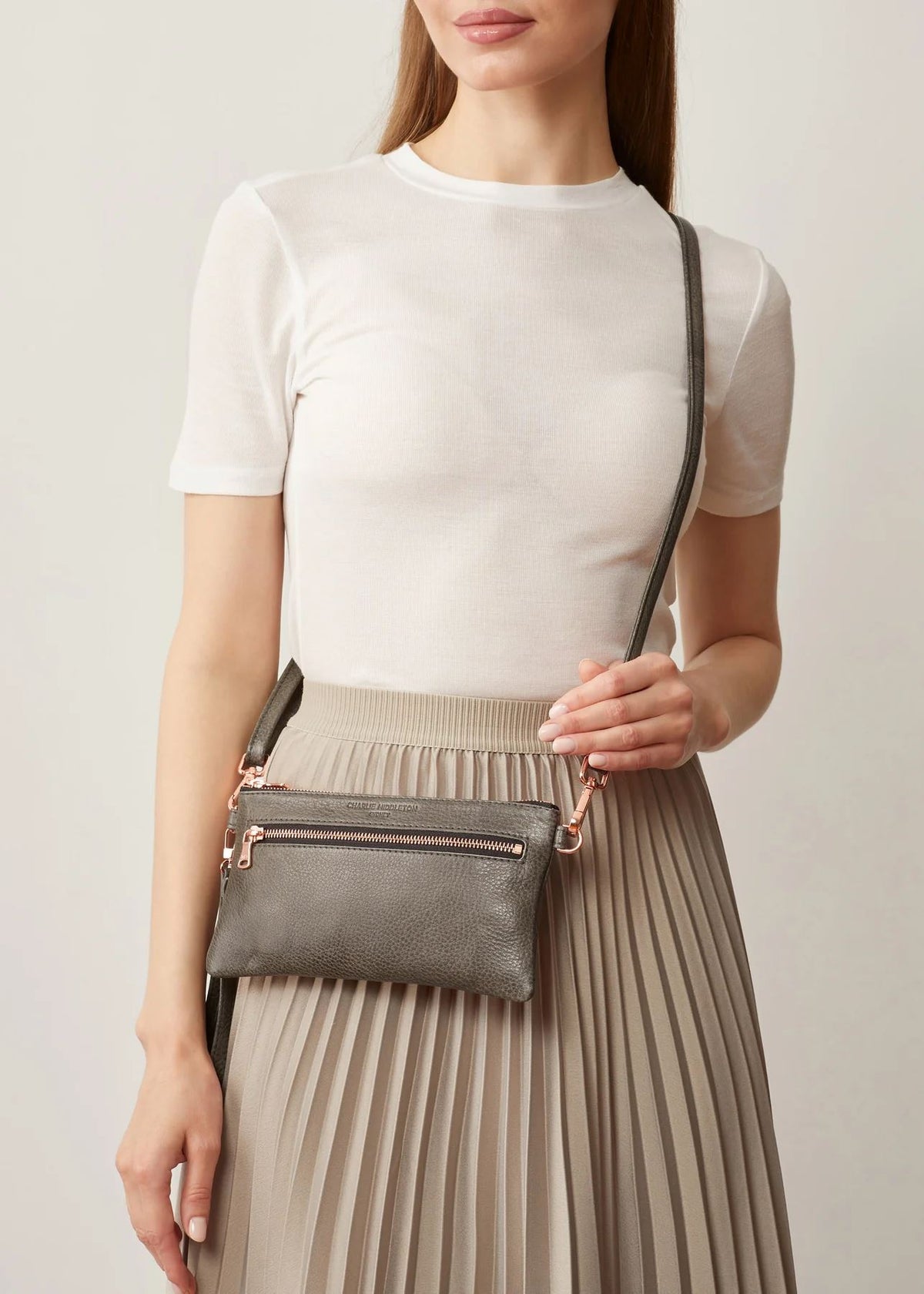 CHARLIE MIDDLETON Slate Mini Dual Zip Crossbody - Silver HANDBAG - Zabecca Living