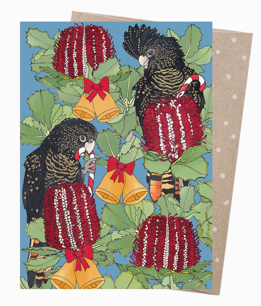 EARTH GREETINGS Christmas Card - Red Tails & Bells Christmas Card - Zabecca Living