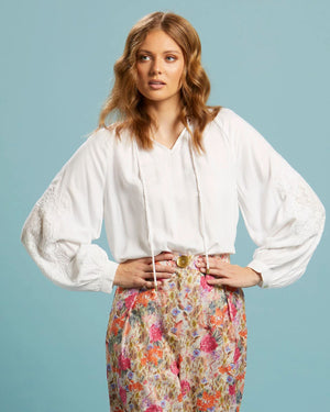 FATE & BECKER Unholy Embroidered Sleeve Top - White Shirts & Blouses - Zabecca Living