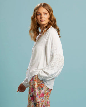 FATE & BECKER Unholy Embroidered Sleeve Top - White Shirts & Blouses - Zabecca Living