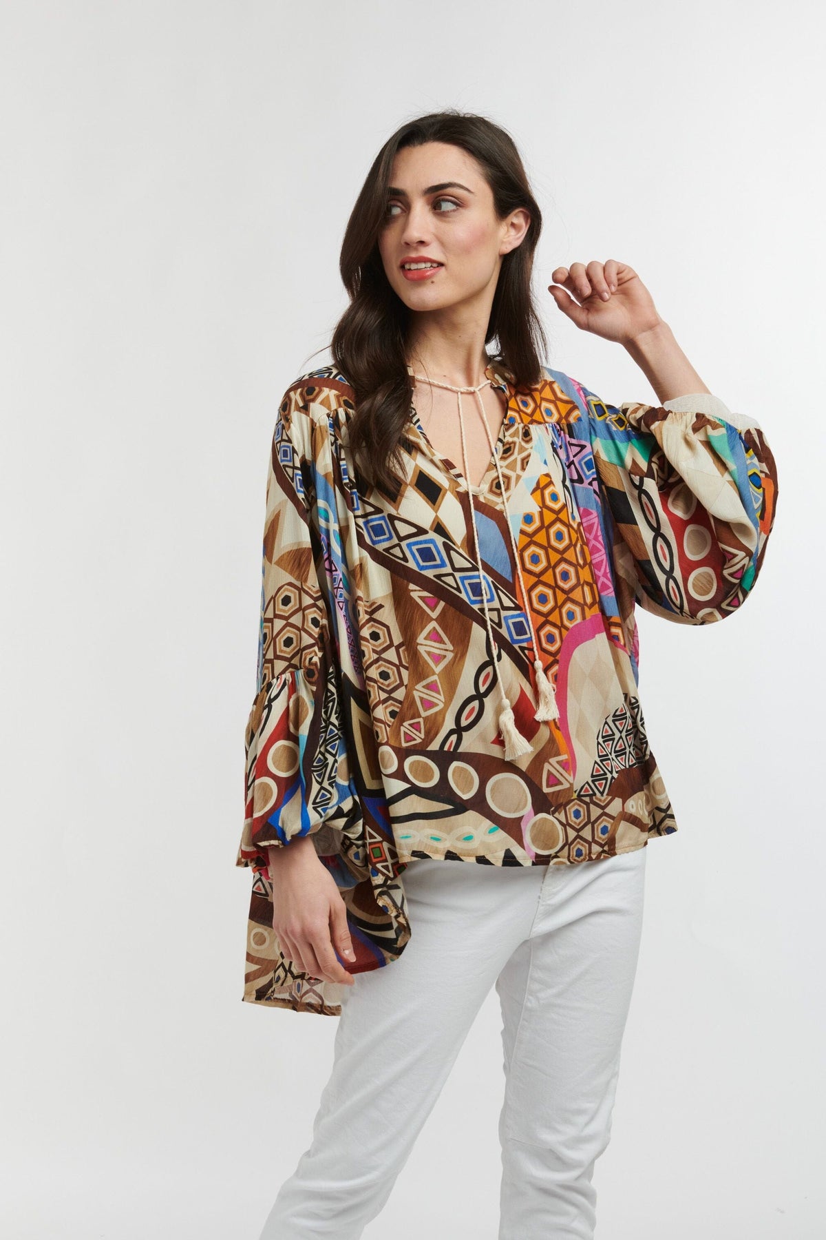 ITALIAN STAR Billow Blouse - Chocolate Honey Print Shirts & Blouses - Zabecca Living