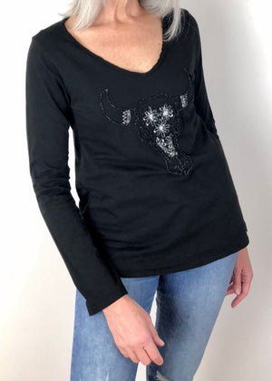 ITALIAN STAR Buffalo Sequin Long Sleeve Top - Black Long Sleeve Tees - Zabecca Living