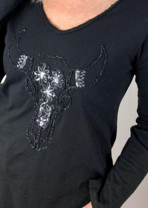 ITALIAN STAR Buffalo Sequin Long Sleeve Top - Black Long Sleeve Tees - Zabecca Living