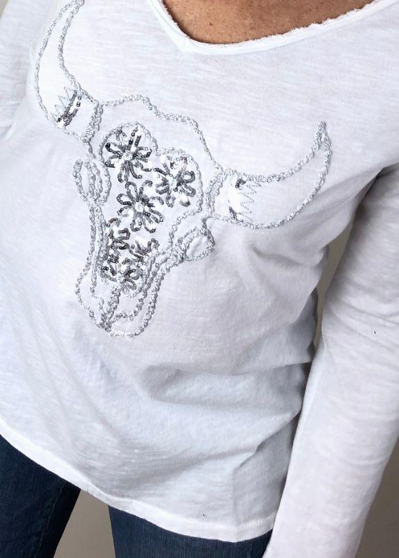 ITALIAN STAR Buffalo Sequin Long Sleeve Top - White Long Sleeve Tees - Zabecca Living