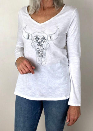 ITALIAN STAR Buffalo Sequin Long Sleeve Top - White Long Sleeve Tees - Zabecca Living