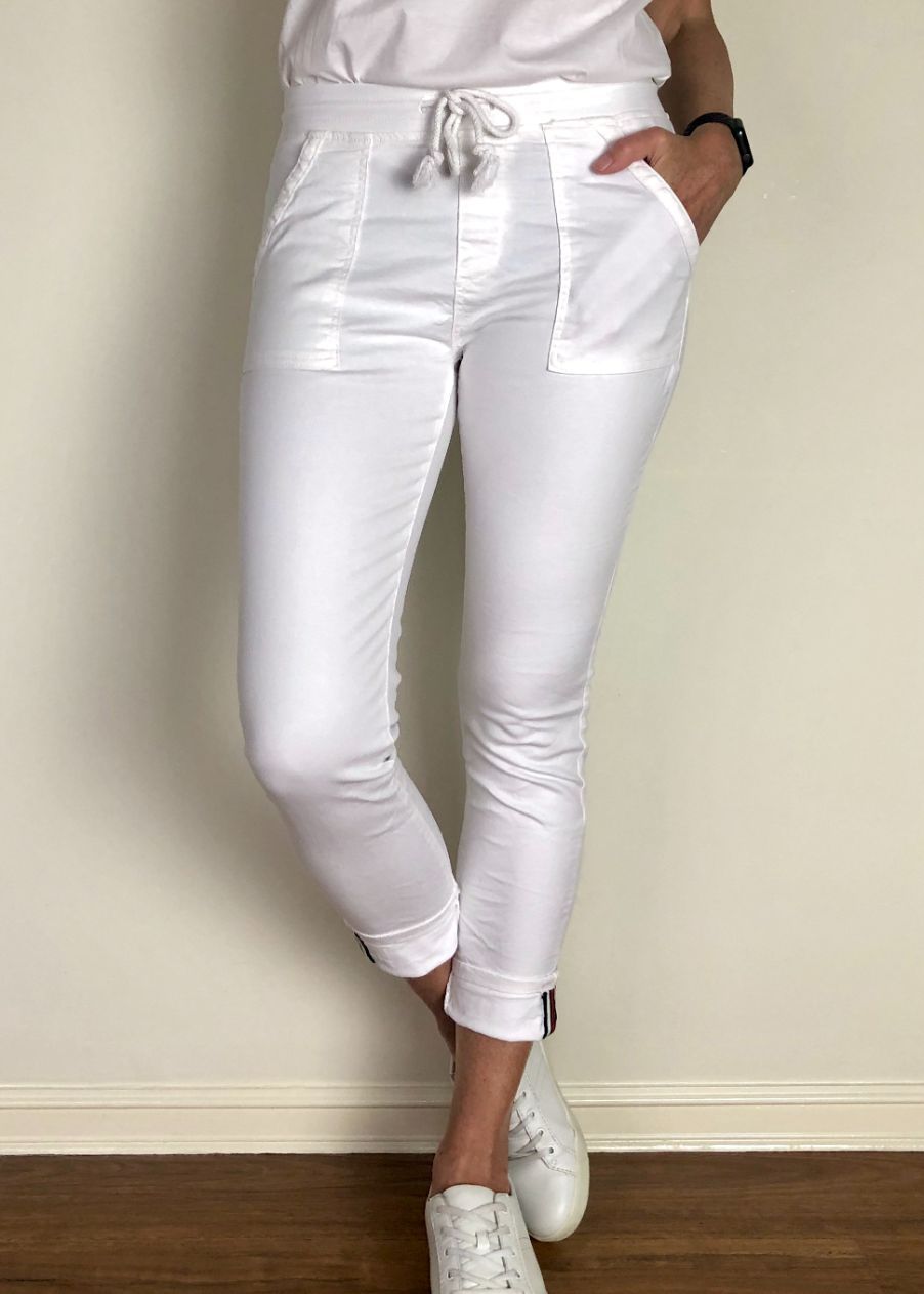 ITALIAN STAR Classic Polo Drill Jogger - White JEANS - Zabecca Living