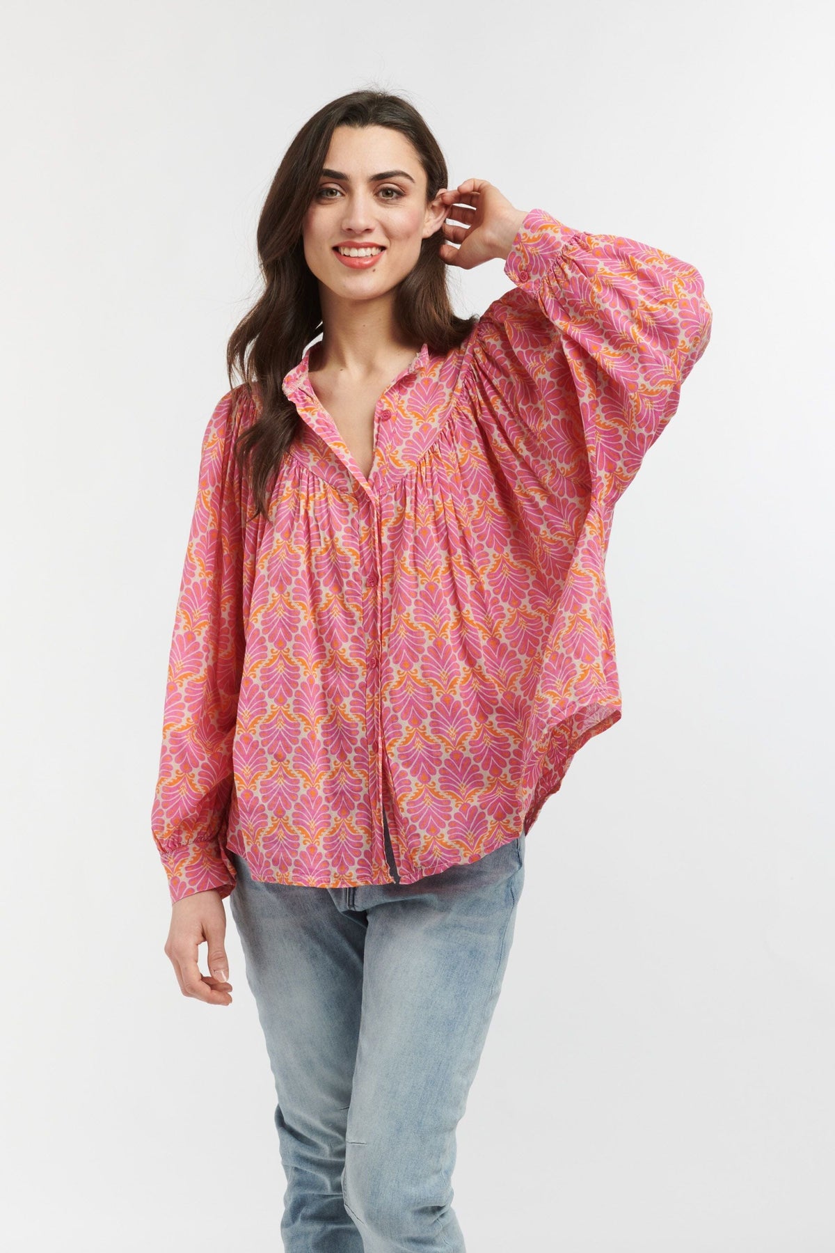 ITALIAN STAR Sybil Blouse - Feather Print Pink Fuxia Orange Shirts & Blouses - Zabecca Living