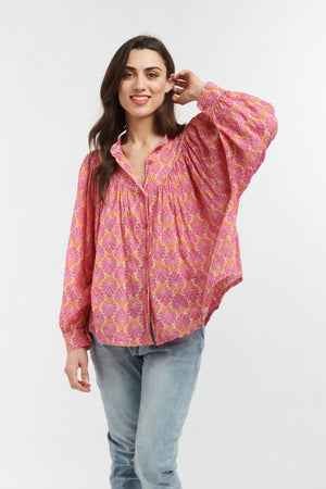ITALIAN STAR Sybil Blouse - Feather Print Pink Fuxia Orange Shirts & Blouses - Zabecca Living